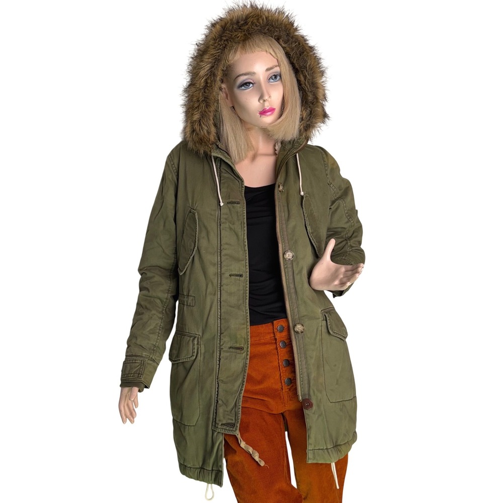 Abercrombie & Fitch Parka Sherpa Line Faux Fur Hood Olive Green Gorpcore Sz XS